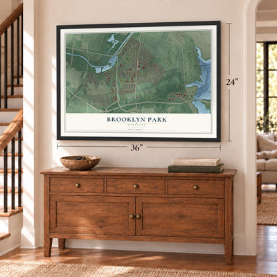 Brooklyn Park, Maryland map, 24 x 36 inch print in a black frame above a dresser by a staircase