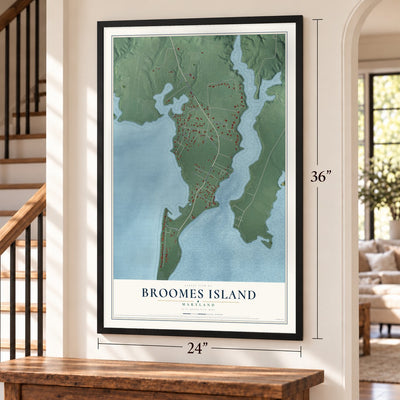 Broomes Island, Maryland map, 24 x 36 inch print in a black frame by a staircase