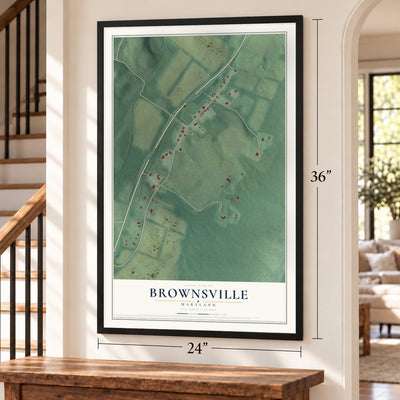 Brownsville, Maryland map, 24 x 36 inch print in a black frame by a staircase