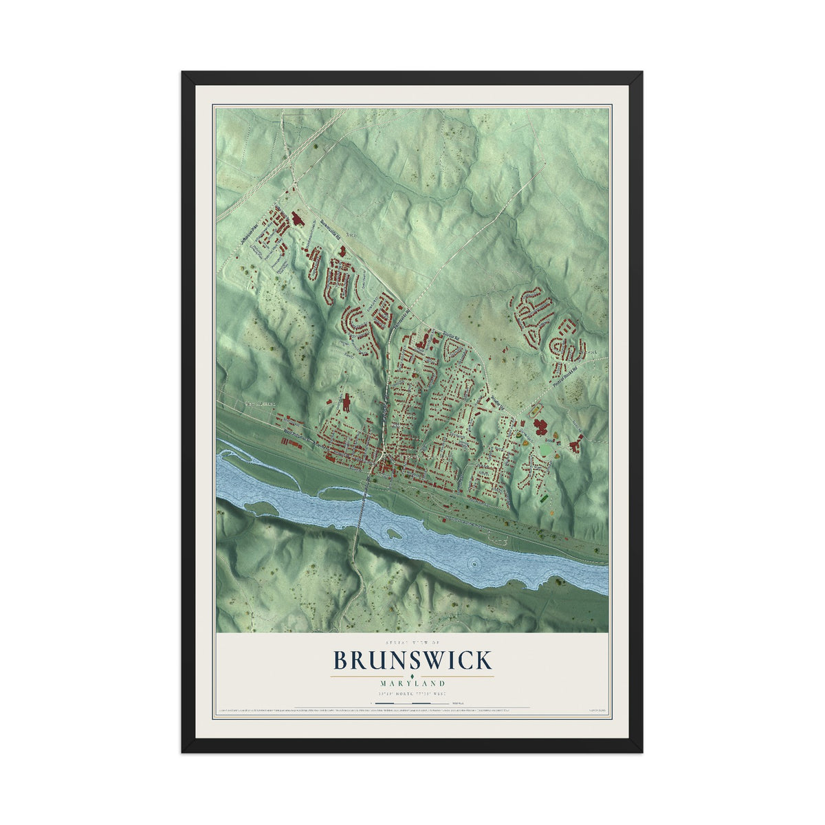 Map of Brunswick, Maryland, 12 x 18 inch print in a black wood frame