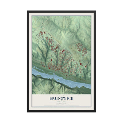 Map of Brunswick, Maryland, 12 x 18 inch print in a black wood frame