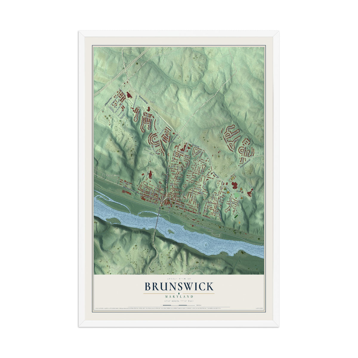 Map of Brunswick, Maryland, 12 x 18 inch print in a white wood frame
