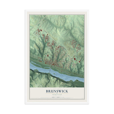Map of Brunswick, Maryland, 12 x 18 inch print in a white wood frame