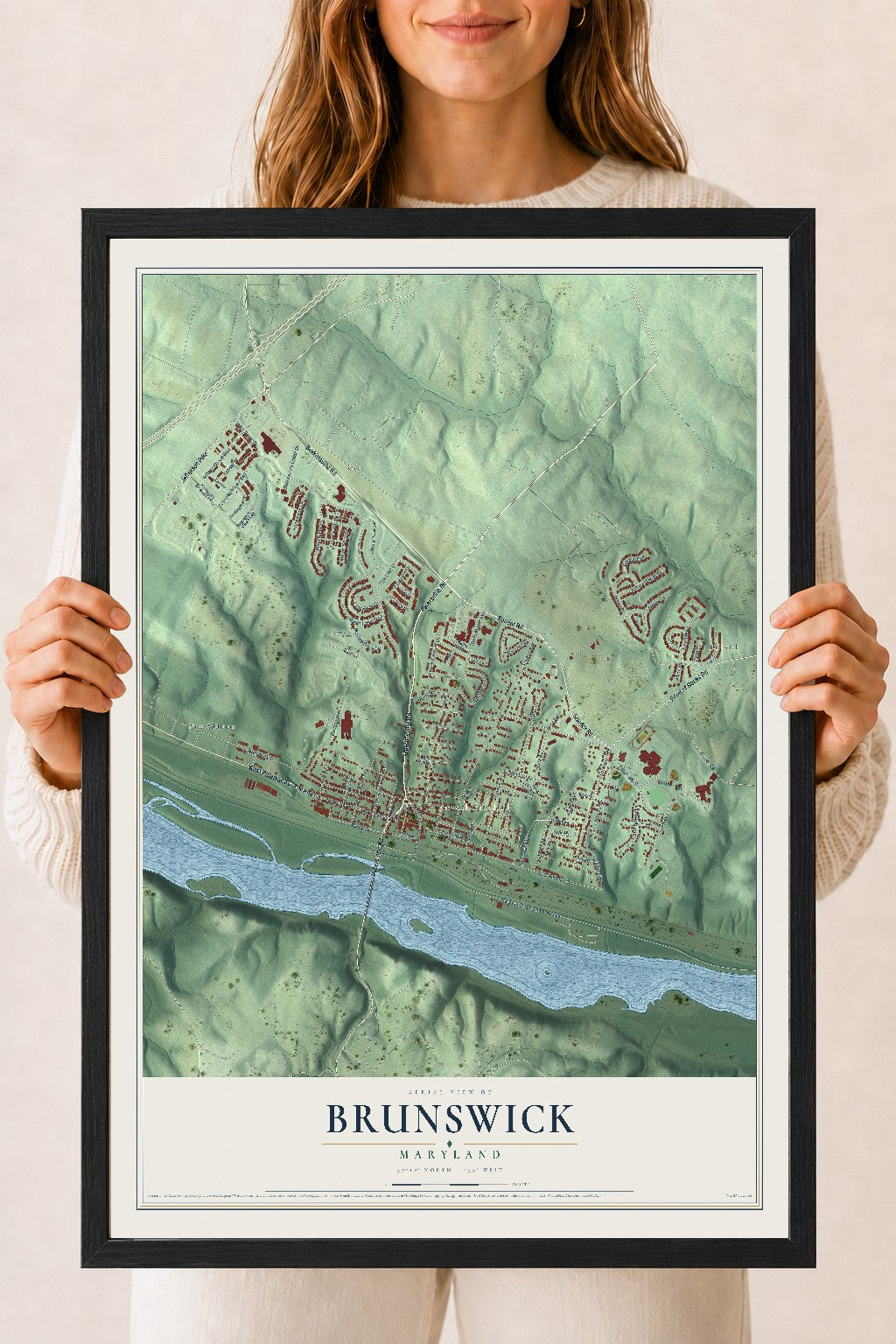 Map of Brunswick, Maryland, 18 x 24 inch print in a black wood frame