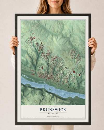 Map of Brunswick, Maryland, 24 x 36 inch print in a black wood frame