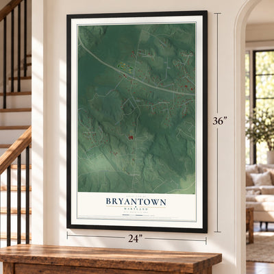Bryantown, Maryland map, 24 x 36 inch print in a black frame by a staircase
