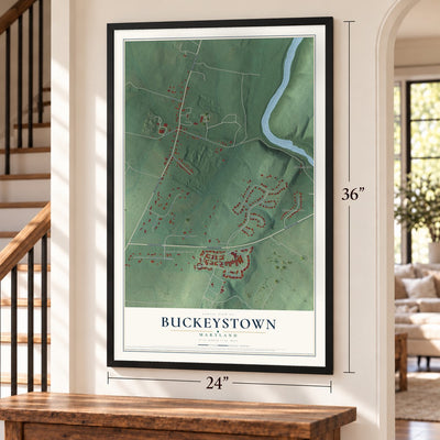 Buckeystown, Maryland map, 24 x 36 inch print in a black frame by a staircase