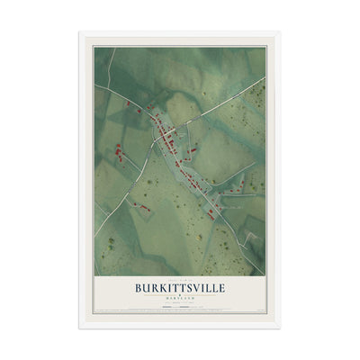 Map of Burkittsville, Maryland, 12 x 18 inch print in a white wood frame