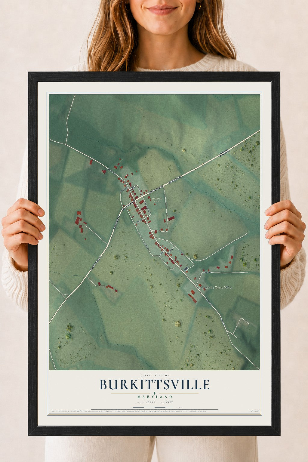 Map of Burkittsville, Maryland, 18 x 24 inch print in a black wood frame