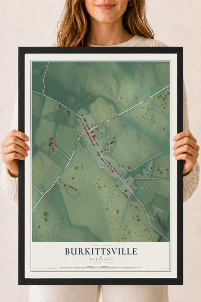 Map of Burkittsville, Maryland, 18 x 24 inch print in a black wood frame