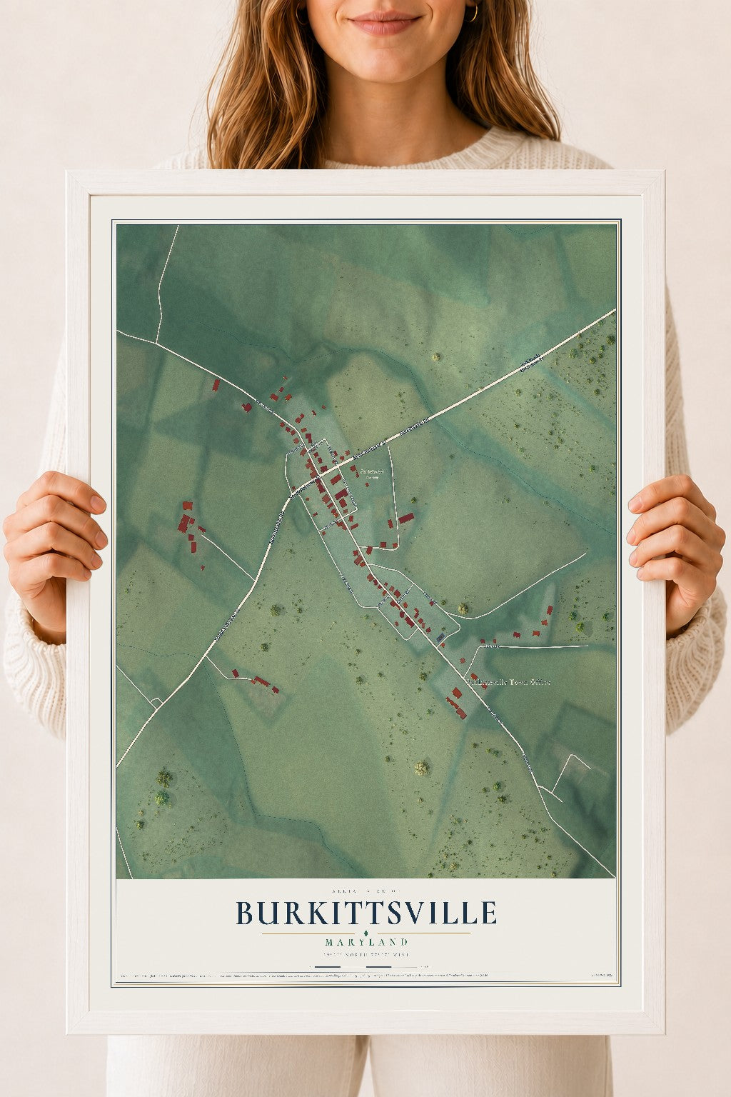 Map of Burkittsville, Maryland, 18 x 24 inch print in a white wood frame