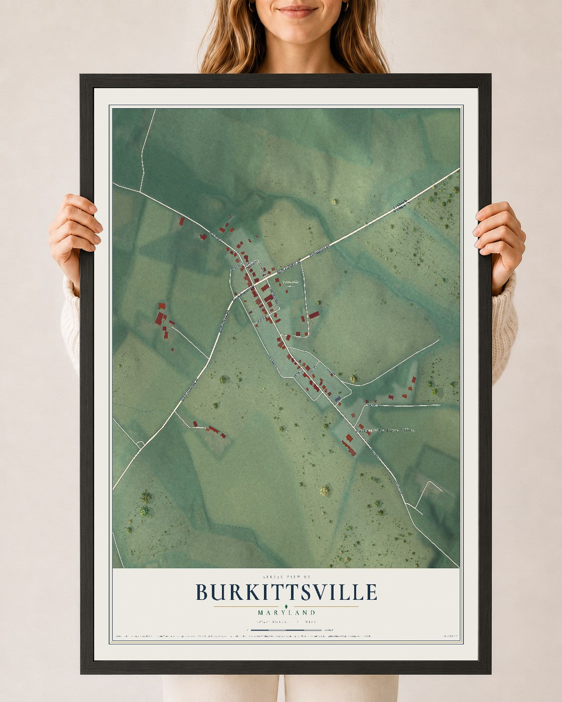 Map of Burkittsville, Maryland, 24 x 36 inch print in a black wood frame