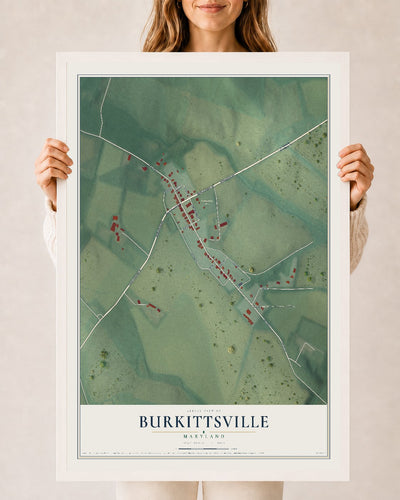 Map of Burkittsville, Maryland, 24 x 36 inch print in a white wood frame
