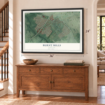 Burnt Mills, Maryland map, 24 x 36 inch print in a black frame above a dresser by a staircase