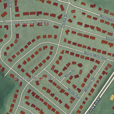 Close-up of the map of Burnt Mills, Maryland print showing street and building detail