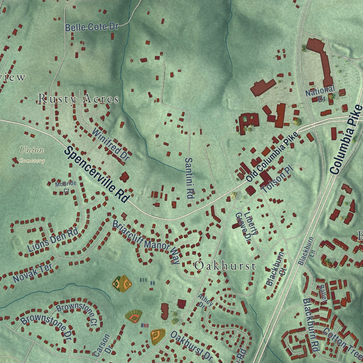 Close-up of the map of Burtonsville, Maryland print showing street and building detail