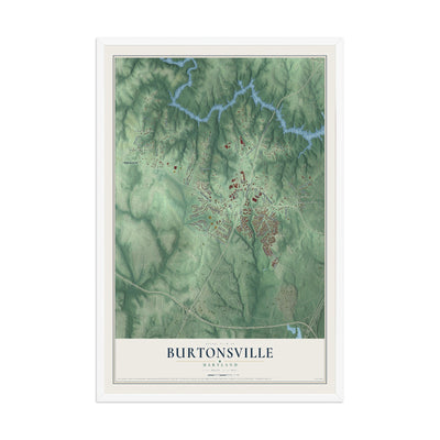 Map of Burtonsville, Maryland, 12 x 18 inch print in a white wood frame