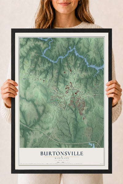 Map of Burtonsville, Maryland, 18 x 24 inch print in a black wood frame