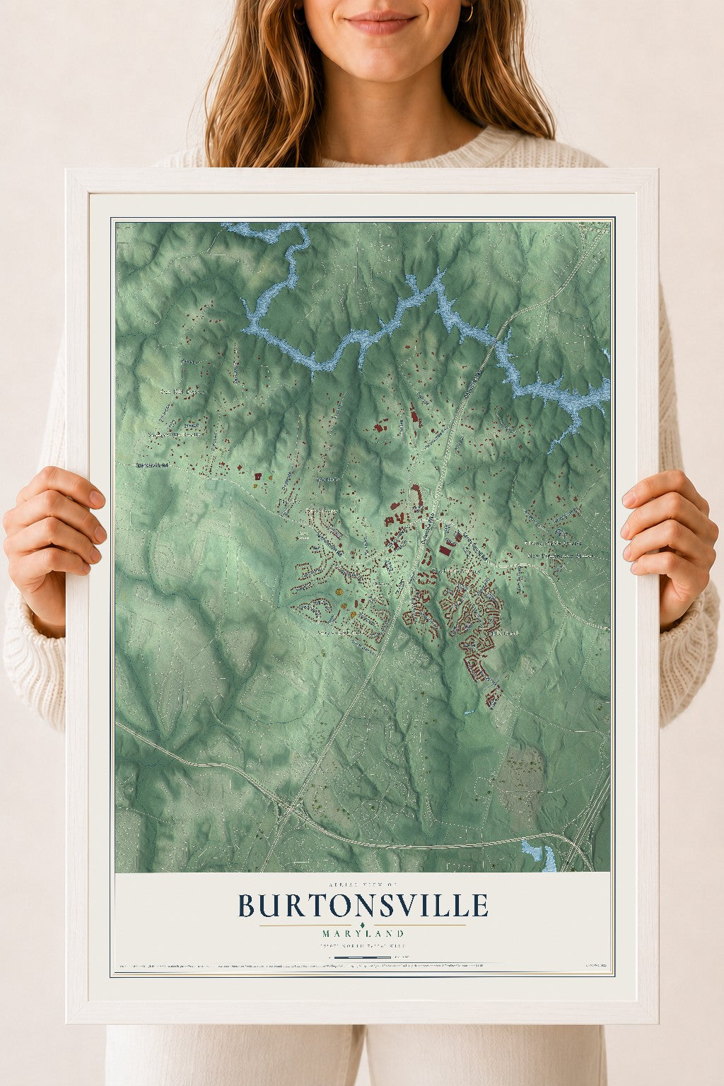 Map of Burtonsville, Maryland, 18 x 24 inch print in a white wood frame