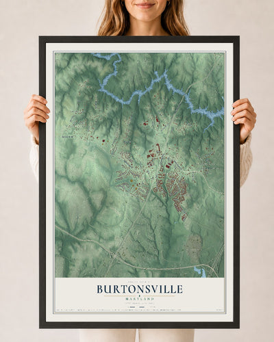 Map of Burtonsville, Maryland, 24 x 36 inch print in a black wood frame