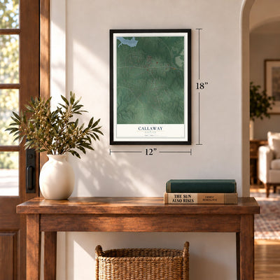 Callaway, Maryland map, 12 x 18 inch print in a black frame in an entryway