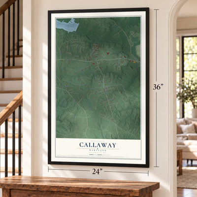 Callaway, Maryland map, 24 x 36 inch print in a black frame by a staircase