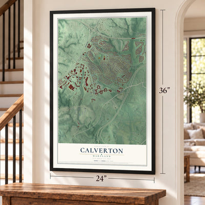 Calverton, Maryland map, 24 x 36 inch print in a black frame by a staircase