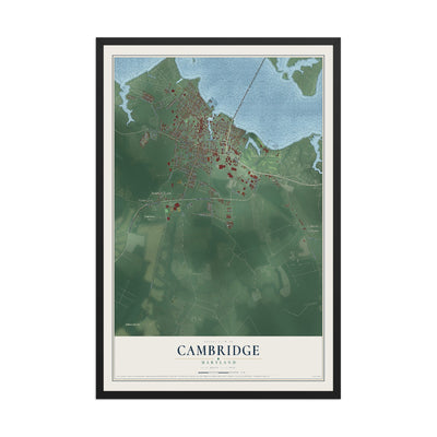 Map of Cambridge, Maryland, 12 x 18 inch print in a black wood frame
