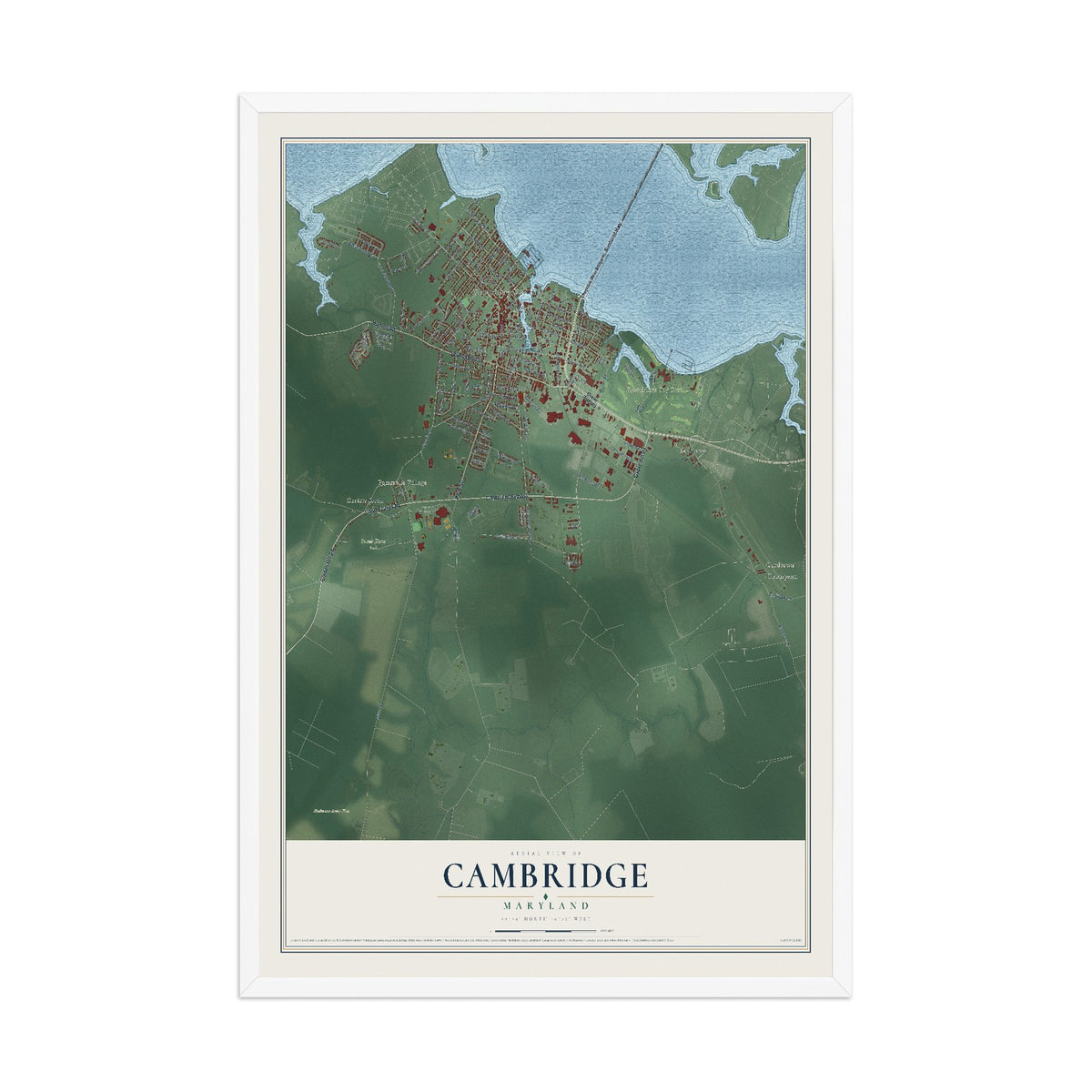 Map of Cambridge, Maryland, 12 x 18 inch print in a white wood frame