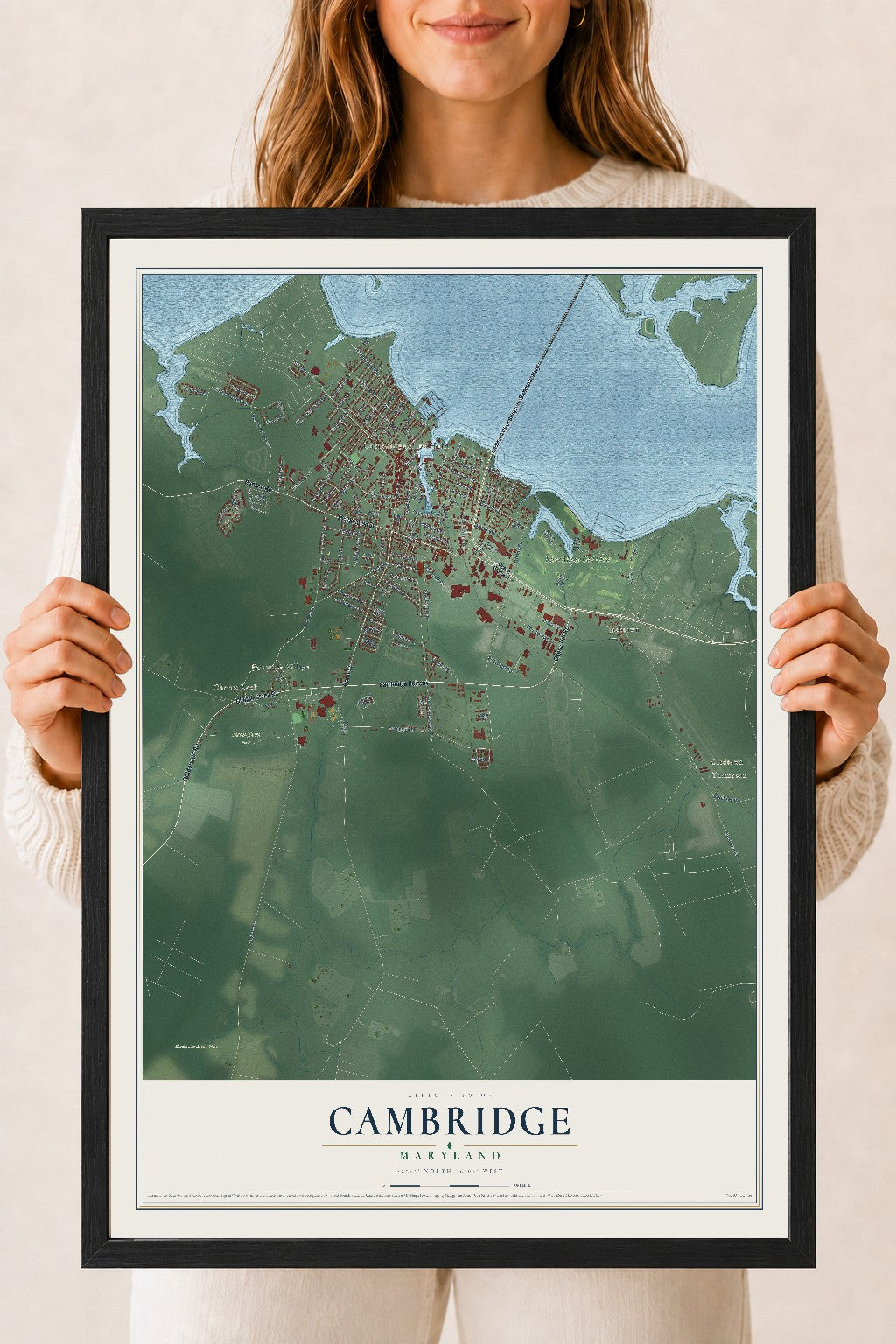 Map of Cambridge, Maryland, 18 x 24 inch print in a black wood frame