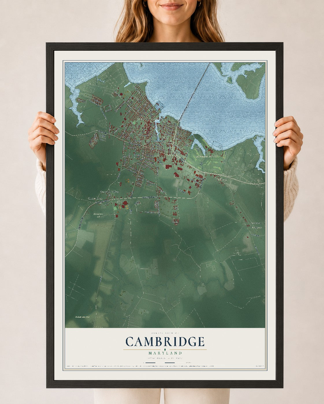 Map of Cambridge, Maryland, 24 x 36 inch print in a black wood frame
