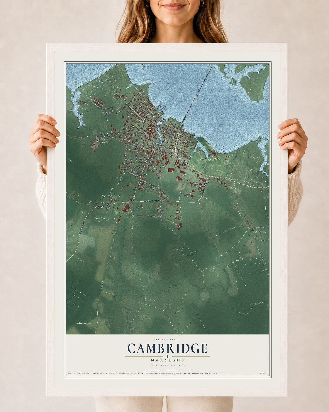 Map of Cambridge, Maryland, 24 x 36 inch print in a white wood frame