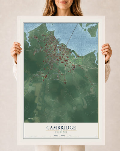 Map of Cambridge, Maryland, 24 x 36 inch print in a white wood frame