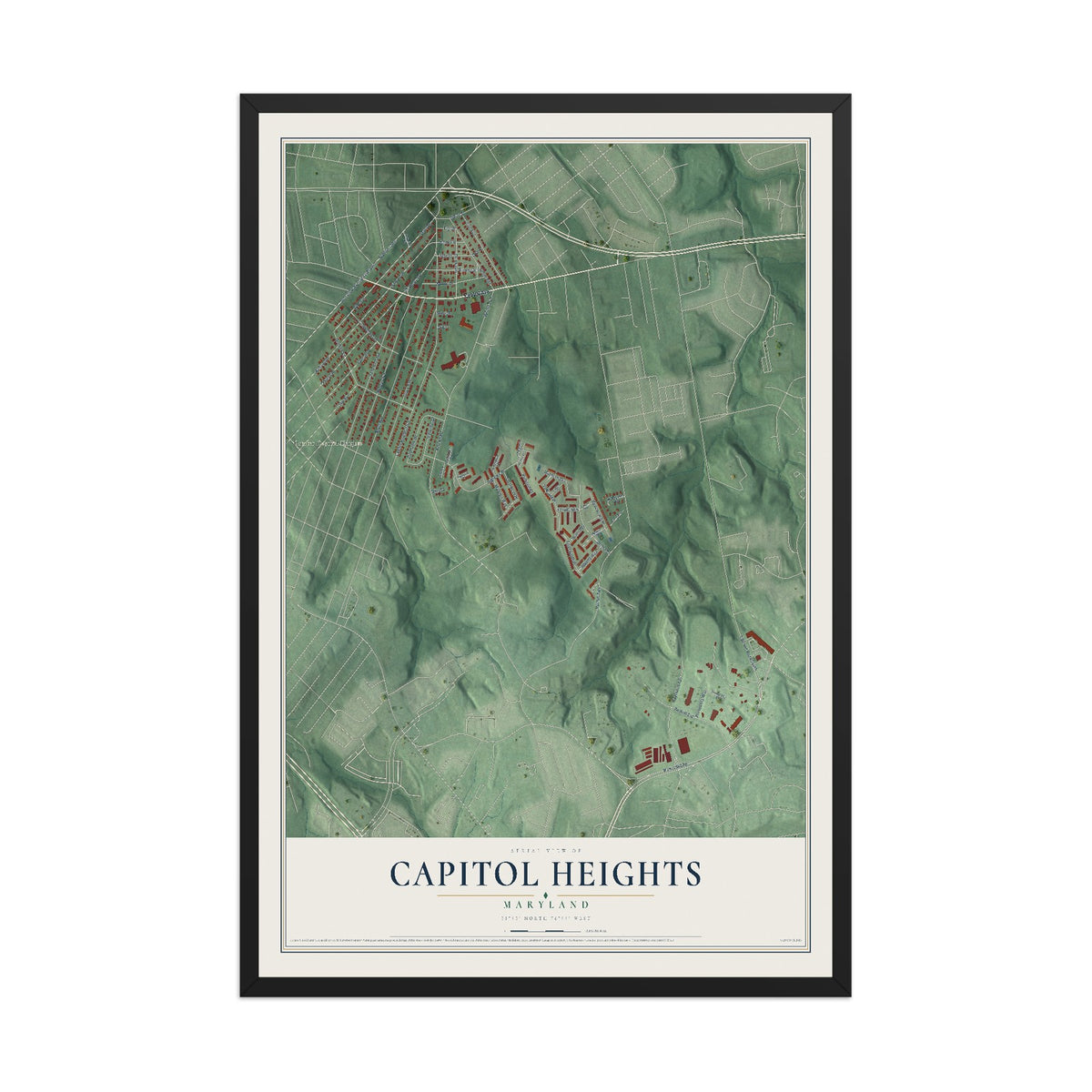 Map of Capitol Heights, Maryland, 12 x 18 inch print in a black wood frame