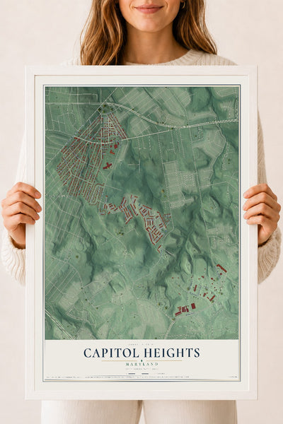 Map of Capitol Heights, Maryland, 18 x 24 inch print in a white wood frame