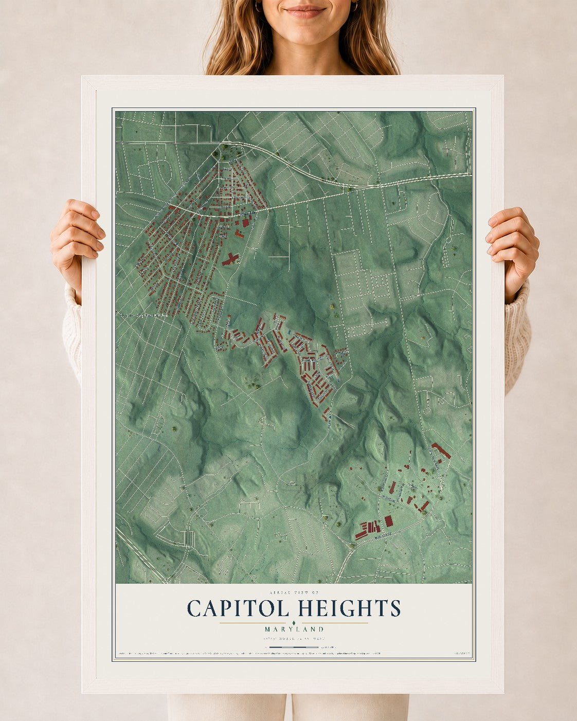 Map of Capitol Heights, Maryland, 24 x 36 inch print in a white wood frame