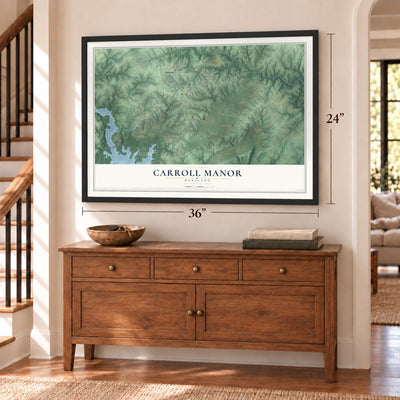 Carroll Manor, Maryland map, 24 x 36 inch print in a black frame above a dresser by a staircase
