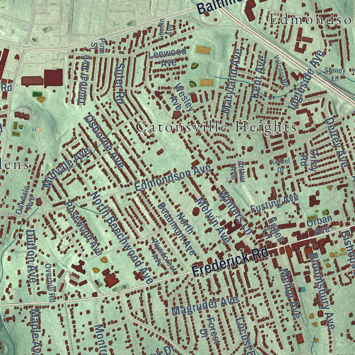 Close-up of the map of Catonsville, Maryland print showing street and building detail