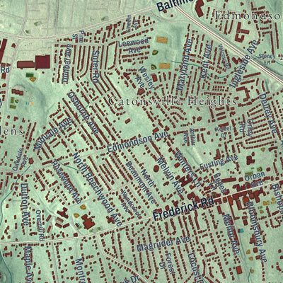Close-up of the map of Catonsville, Maryland print showing street and building detail