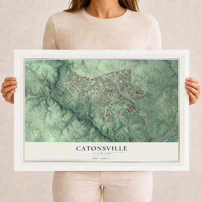 Map of Catonsville, Maryland, 12 x 18 inch print in a white wood frame