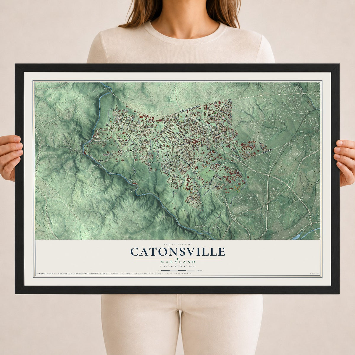 Map of Catonsville, Maryland, 18 x 24 inch print in a black wood frame