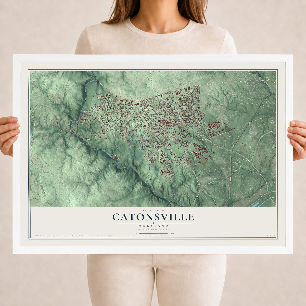 Map of Catonsville, Maryland, 18 x 24 inch print in a white wood frame