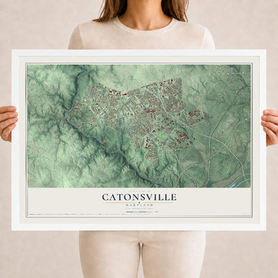 Map of Catonsville, Maryland, 18 x 24 inch print in a white wood frame