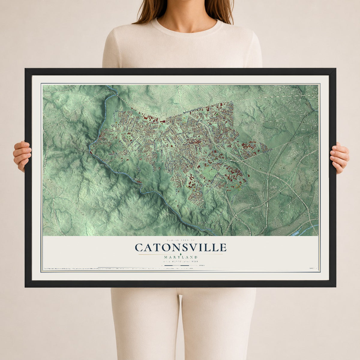 Map of Catonsville, Maryland, 24 x 36 inch print in a black wood frame