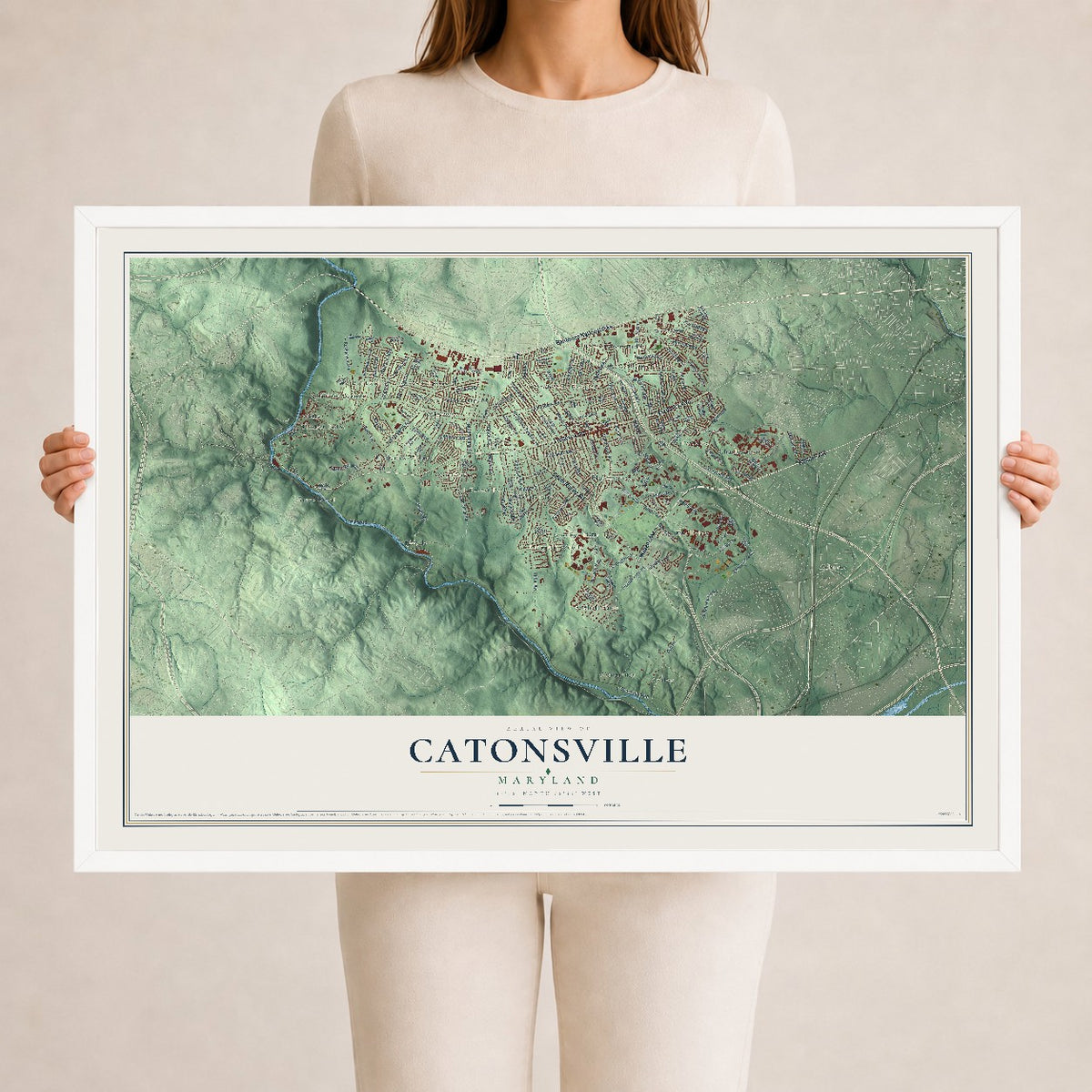 Map of Catonsville, Maryland, 24 x 36 inch print in a white wood frame