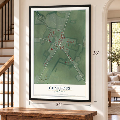 Cearfoss, Maryland map, 24 x 36 inch print in a black frame by a staircase