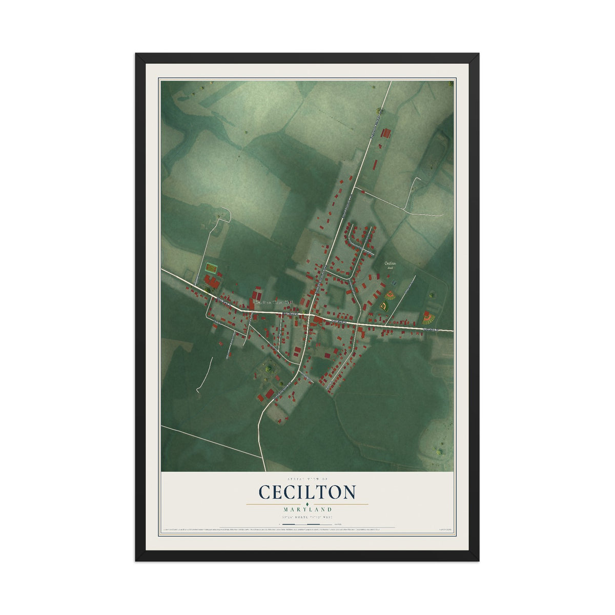 Map of Cecilton, Maryland, 12 x 18 inch print in a black wood frame