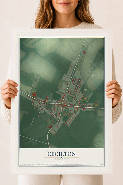 Map of Cecilton, Maryland, 18 x 24 inch print in a white wood frame
