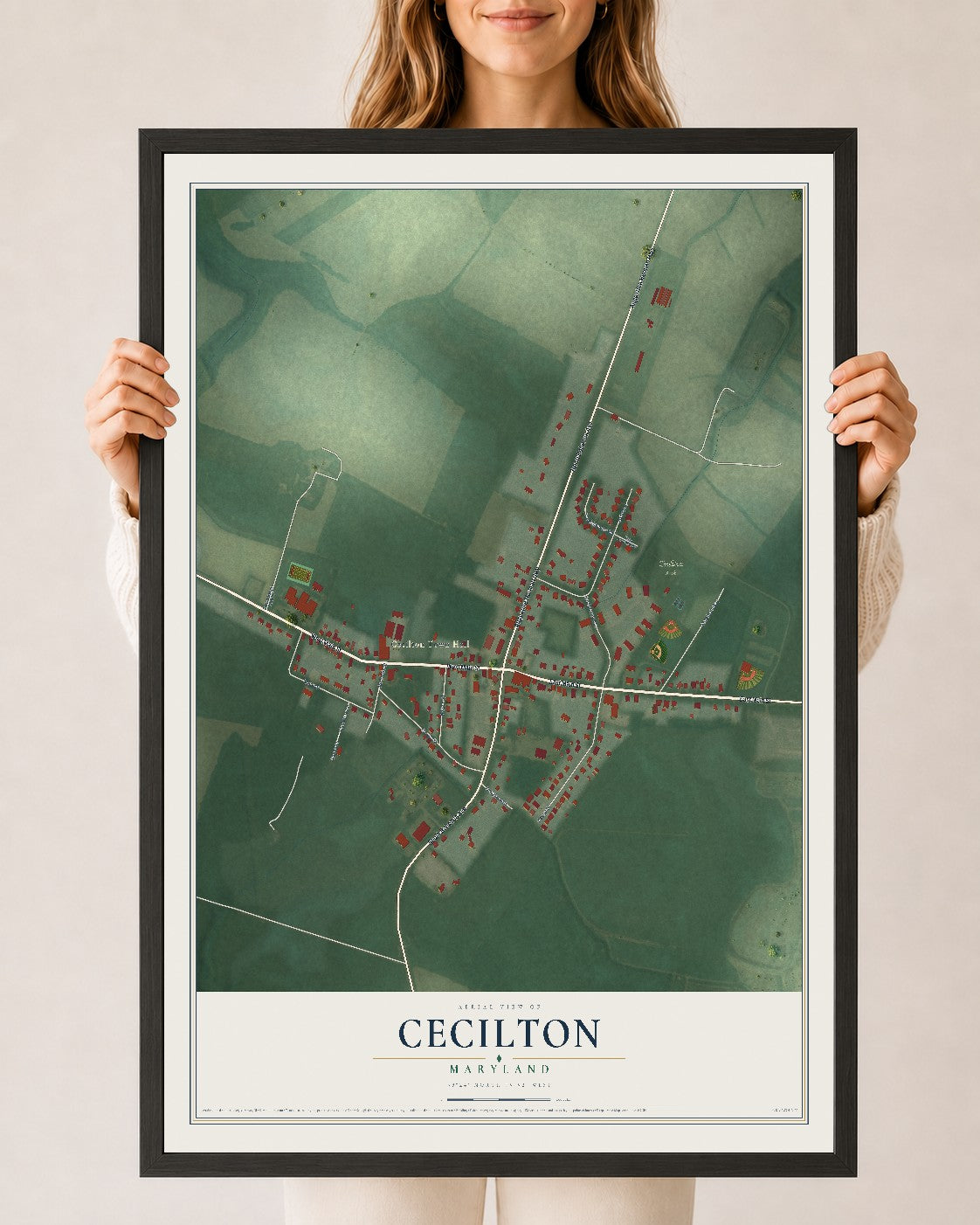 Map of Cecilton, Maryland, 24 x 36 inch print in a black wood frame