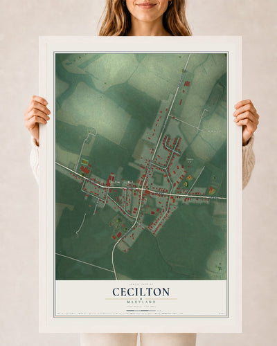 Map of Cecilton, Maryland, 24 x 36 inch print in a white wood frame